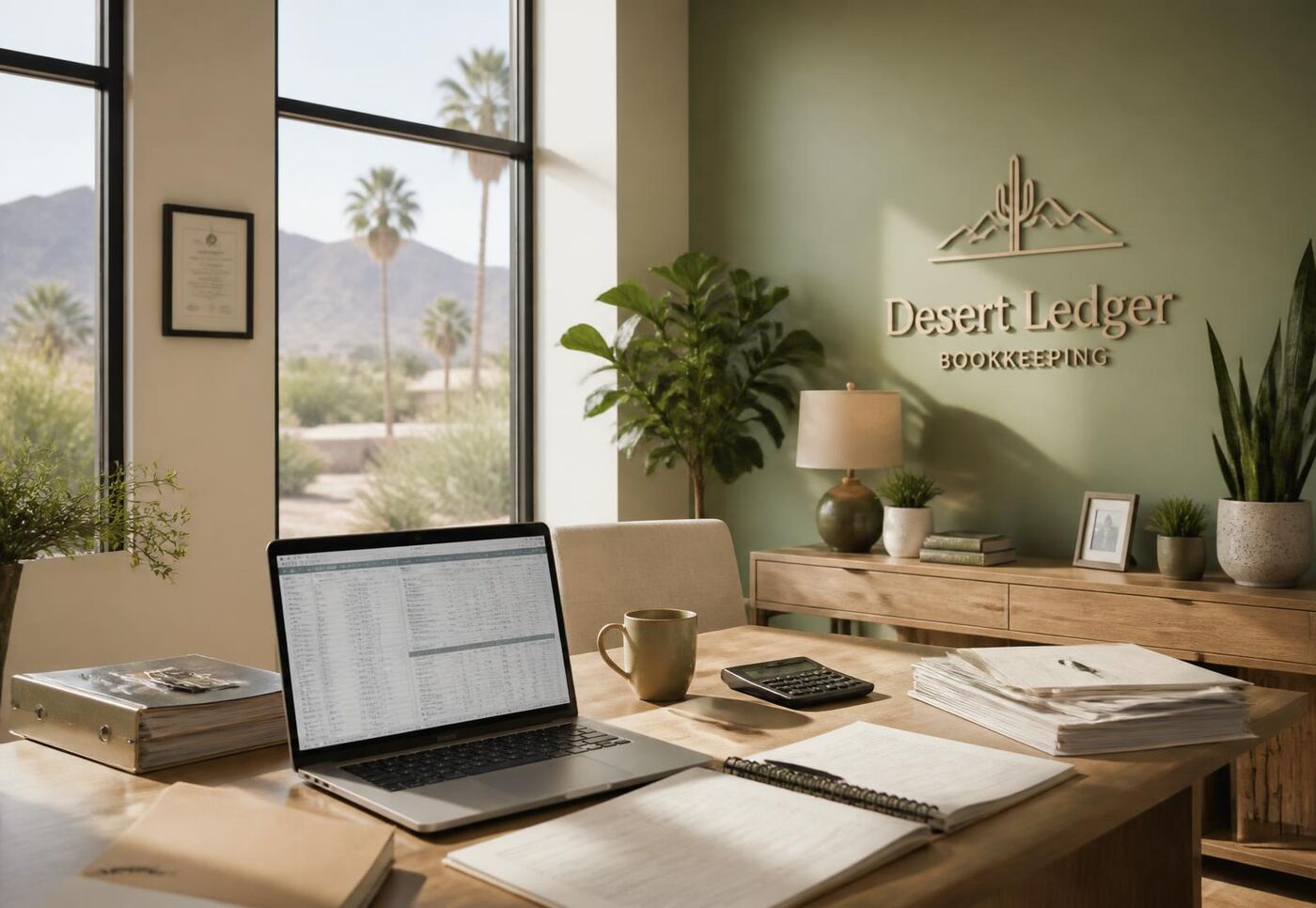 The Desert Ledger Bookkeeping office in Phoenix, Arizona, with ledgers and a laptop on a desk
