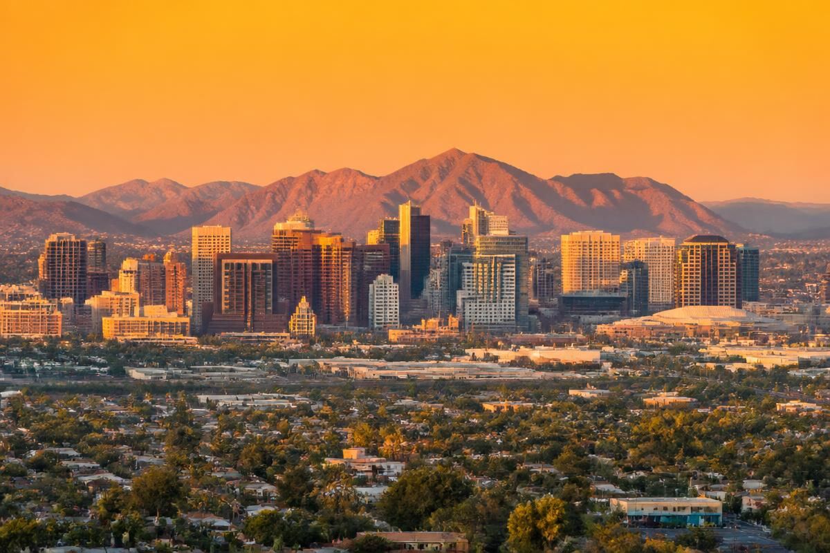 Downtown Phoenix, Arizona skyline at golden hour
