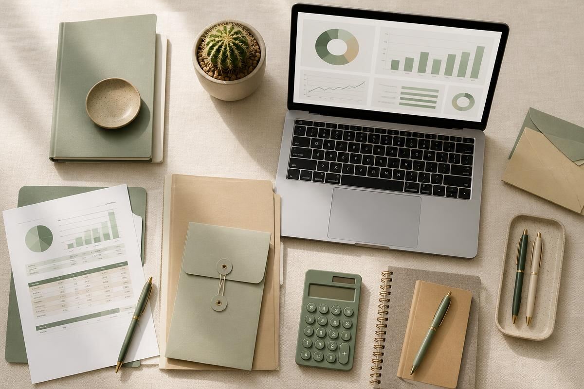Organized financial documents, folders and a laptop dashboard laid out on a desk