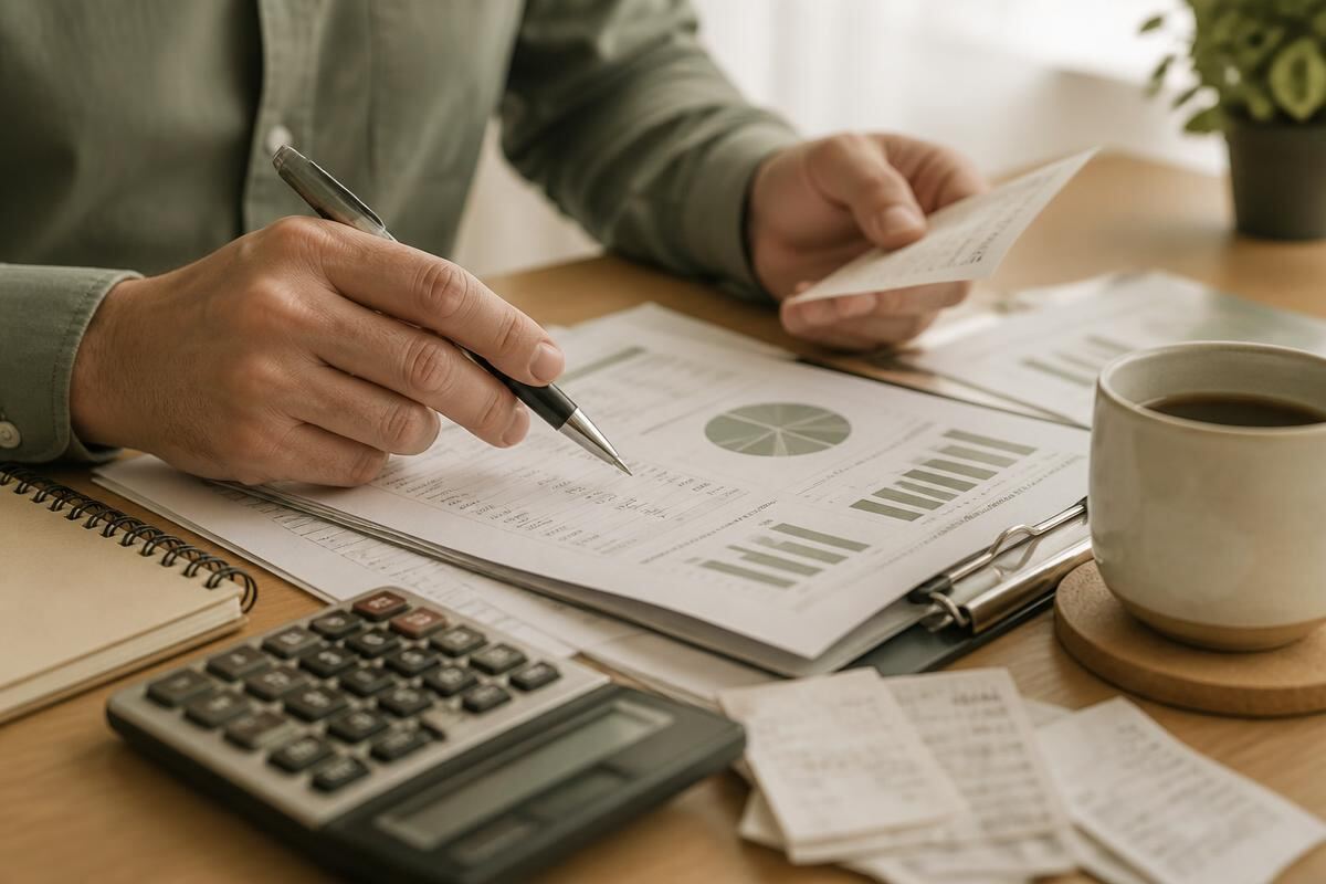 Reviewing monthly financial reports and receipts at a desk